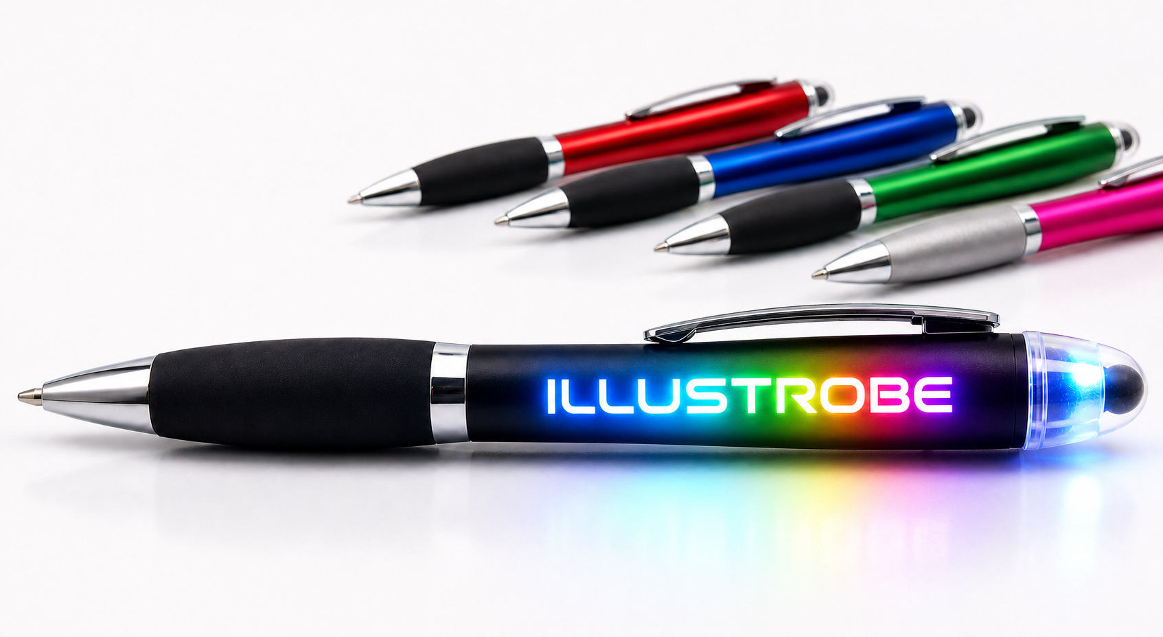 Metallic custom LED logo pens with glowing logo windows